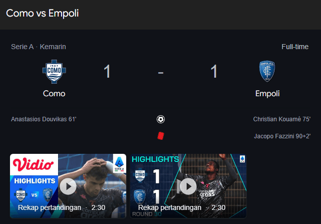 Drama Seru di Como : Como 1907 Imbang 1-1 Melawan Empoli